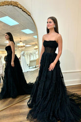 Black Strapless A-Line Tulle Long Corset Prom Dress