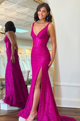 Fuchsia Spaghetti Straps Mermaid Lace Long Corset Prom Dress with Slit