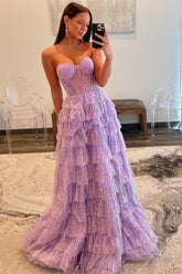 Sparkly Purple Sweetheart A-Line Tulle Tiered Long Corset Prom Dress