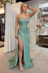 Green Spaghetti Straps Mermaid Open Back Long Prom Dress with Appliques