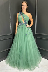 Green One Shoulder A-Line Tulle Long Prom Dress with 3D Flowers