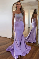 Purple Strapless Mermaid Satin Long Corset Prom Dress with Beading