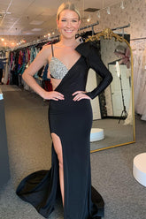 Black Meramid One Sleeves Mermaid Long Prom Dress with Beading