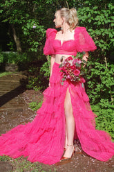 Fuchsia A-Line Tulle Tiered Square Neck Puff Sleeves Long Prom Dress with Slit