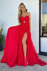 Trendy Red Sweetheart A-Line Chiffon Pleated Long Prom Dress with Slit