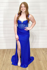 Sparkly Royal Blue Spaghetti Straps Mermaid Long Corset Prom Dress with Beading