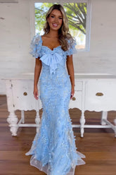 Sparkly Blue Puff Sleeves Sequins Mermaid Long Corset Prom Dress with 3D Flowers Appliques
