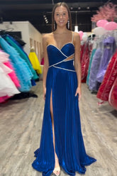 Royal Blue One Shoulder A-Line Metallic Pleated Cut-out Long Prom Dress with Slit