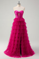 Fuchsia Sweetheart A-Line Tulle Tiered Long Corset Prom Dress with Slit