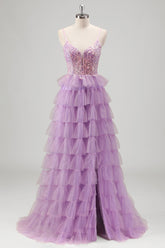 Lilac Spaghetti Straps A-Line Tulle Tiered Long Corset Prom Dress with Sequins