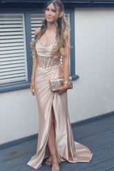 Sparkly Khaki Spaghetti Straps Sequins Mermaid Satin Long Corset Prom Dress with Slit