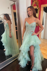Sage Spaghetti Straps Tulle A-Line Tiered LongProm Dress with Beading
