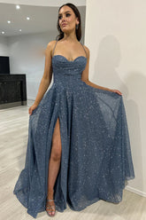Sparkly Grey Blue Spaghetti Straps Tulle A-Line Long Corset Prom Dress with Slit