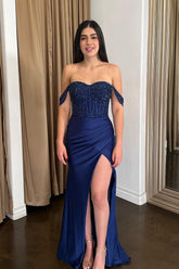 Navy Off the Shoulder Satin Mermaid Long Corset Prom Dress with Sequins