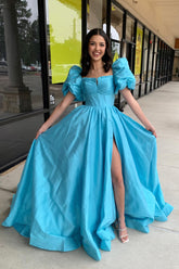 Blue Square Neck Satin Puff Sleeves A-Line Long Corset Prom Dress with Slit