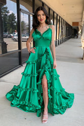 Green Spaghetti Straps Satin A-Line Open Back Long Prom Dress with Ruffles