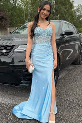 Light Blue Spaghetti Straps Satin Mermaid Long Corset Prom Dress with Appliques
