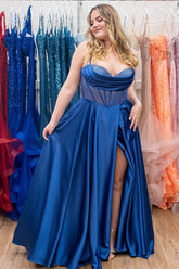 Royal Blue Spaghetti Straps Satin A-Line Long Corset Prom Dress with Beading