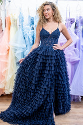 Navy Spaghetti Straps Tulle A-Line Tiered Long Corset Prom Dress with Appliques