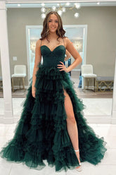 Dark Green Spaghetti Straps Tulle Tiered A-Line Long Corset Prom Dress with Slit