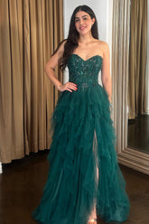 Sparkly Dark Green Sweetheart Tulle Tiered A-Line Long Corset Prom Dress with Appliques