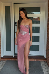 Sparkly Blush Strapless Sequins Mermaid Long Prom Dress with Slit