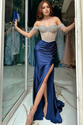 Sparkly Royal Blue Off the Shoulder Mermaid Satin Long Corset Prom Dress with Beading