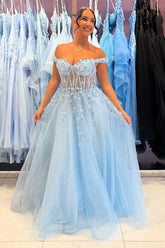 Sky Blue Off the Shoulder A-Line Tulle Long Corset Prom Dress with Appliques