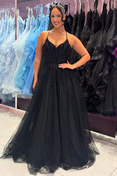 Black Spaghetti Straps A-Line Tulle Long Corset Prom Dress with Appliques
