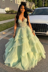 Sage Green Spaghetti Straps A-Line Tulle Tiered Long Corset Prom Dress with Appliques
