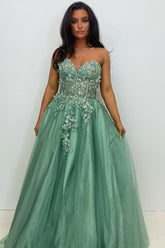Sage Green Sweetheart Tulle Tiered A-Line Long Corset Prom Dress with Appliques