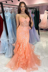Orange Spaghetti Straps Tulle Tiered Mermaid Long Corset Prom Dress with Appliques