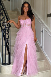 Blush Strapless A-Line Tulle Tiered Long Corset Prom Dress with Appliques