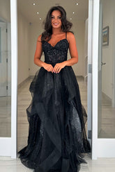 Sparkly Black Spaghetti Straps A-Line Sequins Tiered Long Corset Prom Dress