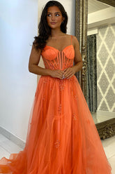Orange Spaghetti Straps A-Line Tulle Long Corset Prom Dress with Appliques