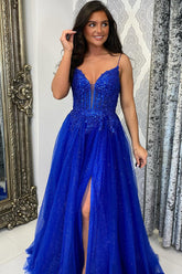 Royal Blue Spaghetti Straps A-Line Tulle Sequins Long Corset Prom Dress