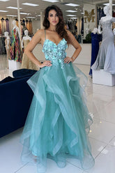 Blue Spaghetti Straps A-Line Tulle Tiered Long Corset Prom Dress with Appliques