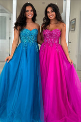 Fuchsia Strapless A-Line Tulle Long Corset Prom Dress with Appliques