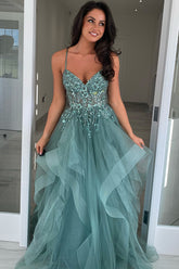 Grey Blue Spaghetti Straps A-Line Tulle Tiered Long Corset Prom Dress with Appliques