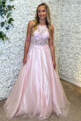 Pink Halter Neck A-Line Tulle Long Prom Dress with Appliques