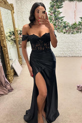Black Off the Shoulder Mermaid Satin Long Corset Prom Dress with Appliques