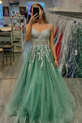 Sage Green Spaghetti Straps Tulle A-Line Long Corset Prom Dress with Appliques