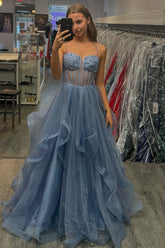 Sparkly Grey Blue Sequins Spaghetti Straps Tulle Tiered A-Line Long Prom Dress