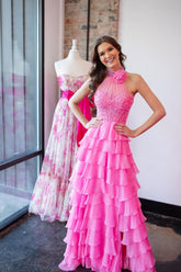 Hot Pink Halter Neck A-Line Chiffon Ruffled Long Corset Prom Dress with Appliques