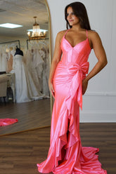 Hot Pink Spaghetti Straps Mermaid Satin Long Corset Prom Dress with Bow