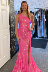 Sparkly Fuchsia One Shoulder Sequins Mermaid Long Prom Dress with Slit