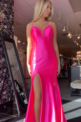 Fuchsia Spaghetti Straps Satin Mermaid Long Prom Dress with Slit
