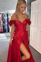 Red A-Line Off the Shoulder Satin Long Corset Prom Dress with Slit