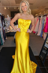 Yellow Strapless Satin Ruched Mermaid Long Prom Dress with Bow