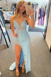 Blue Spaghetti Straps Appliqued Mermaid Long Corset Prom Dress with Slit